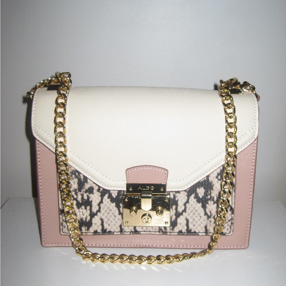 Handbags - Cream & Pink Snake-Print Chain Shoulder Bag